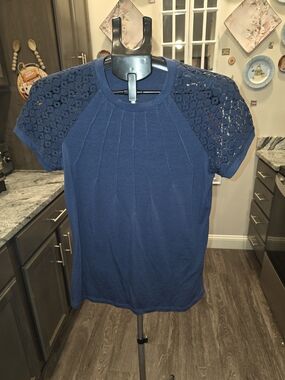 Women's Navy Short-Sleeve Tee with Crochet Shoulders